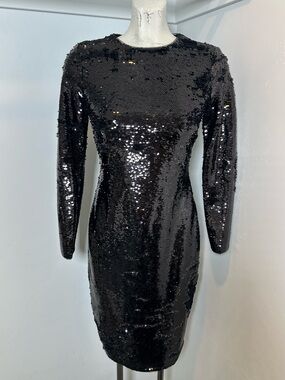 New Gianni Bini Black Sequin Long-Sleeve Cocktail Midi Dress Size 0